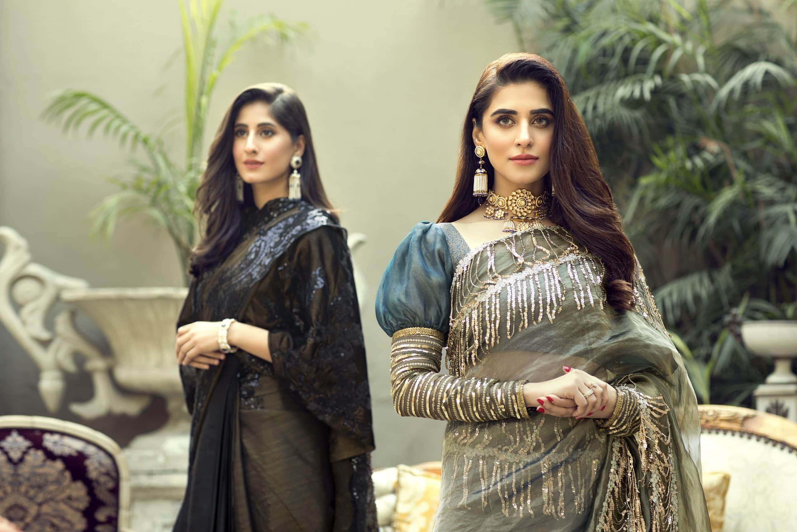 Olive Sequin Fringe Organza Saree (2-Piece) - Image 6