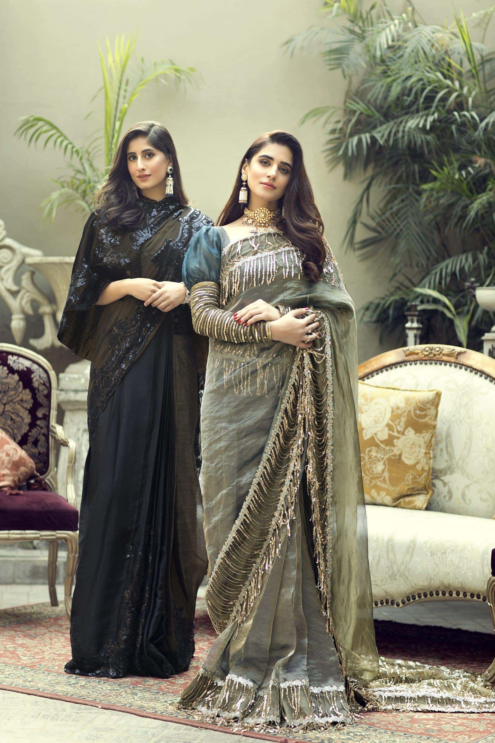 Olive Sequin Fringe Organza Saree (2-Piece) - Image 7