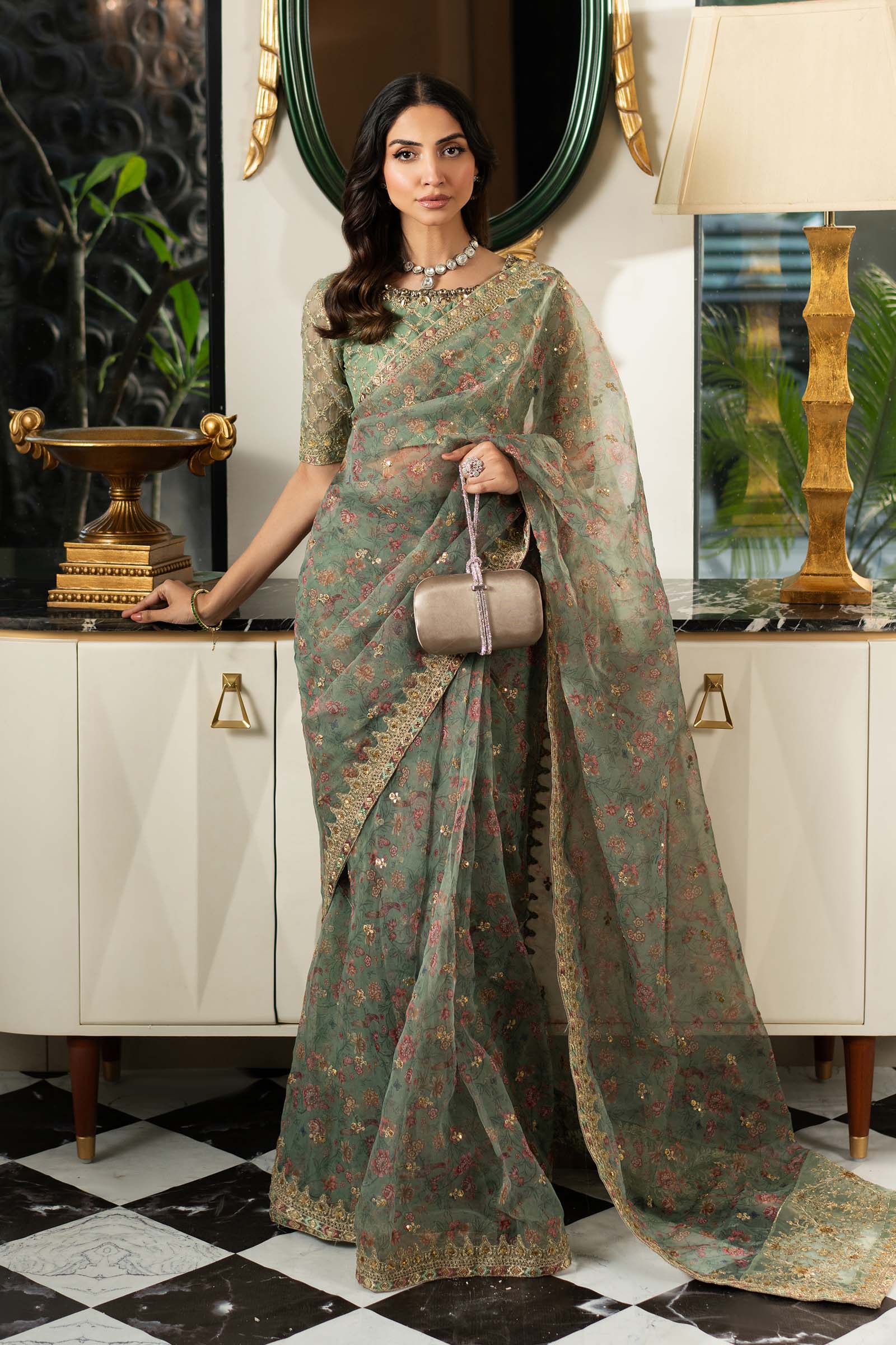 Green Embroidered Organza Saree (3-Piece) - Image 1