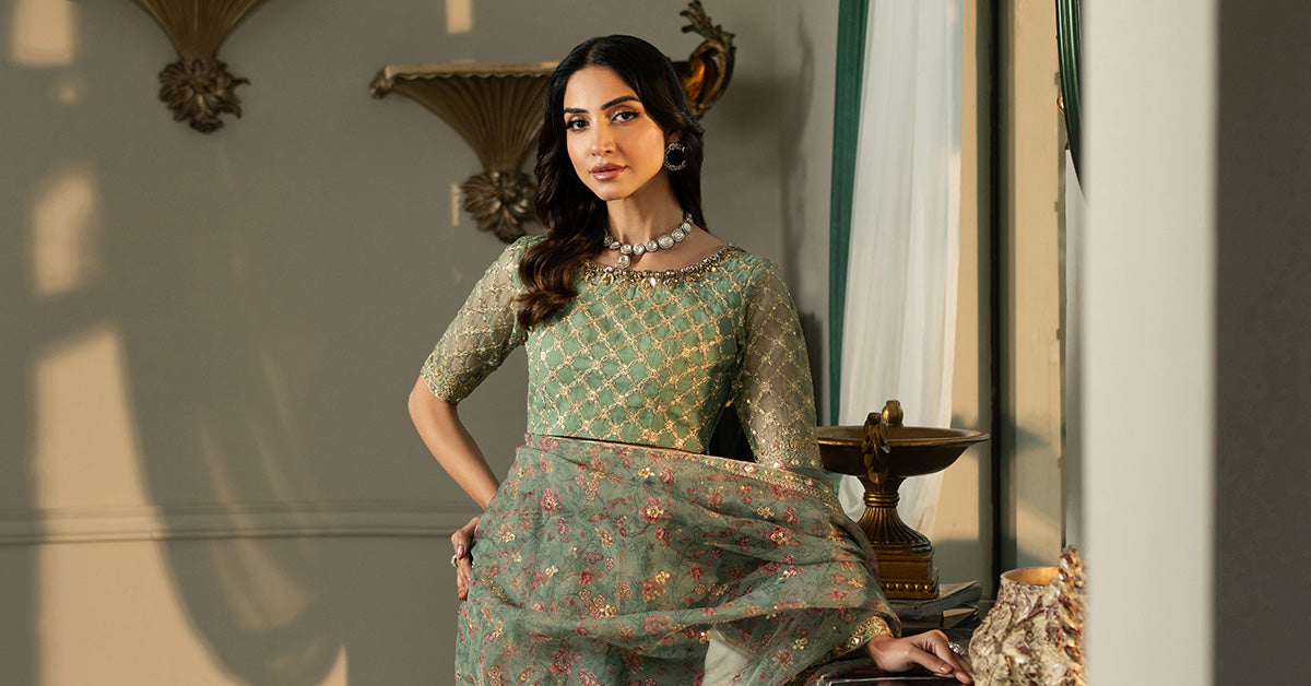 Green Embroidered Organza Saree (3-Piece) - Image 11