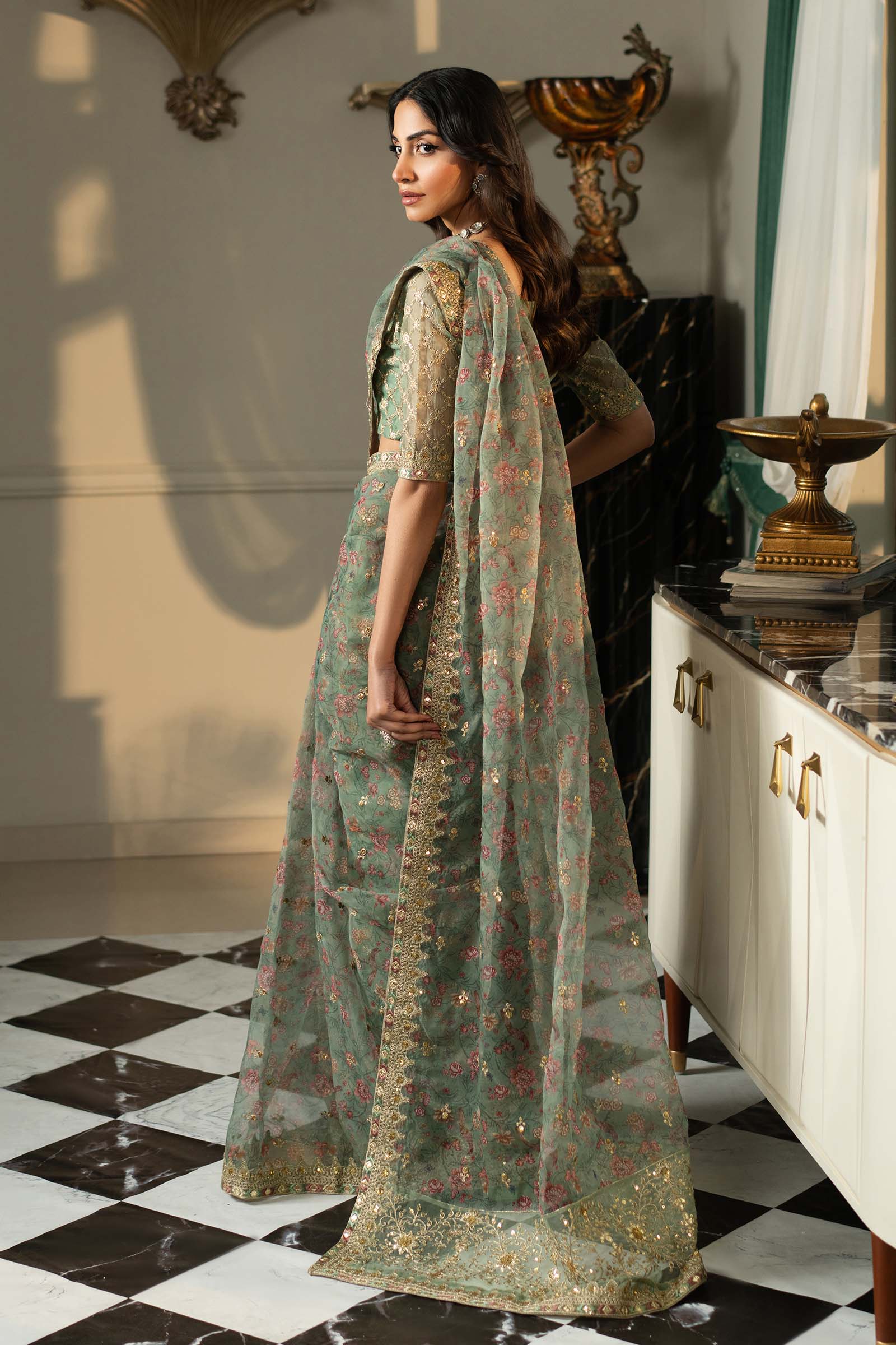 Green Embroidered Organza Saree (3-Piece) - Image 2