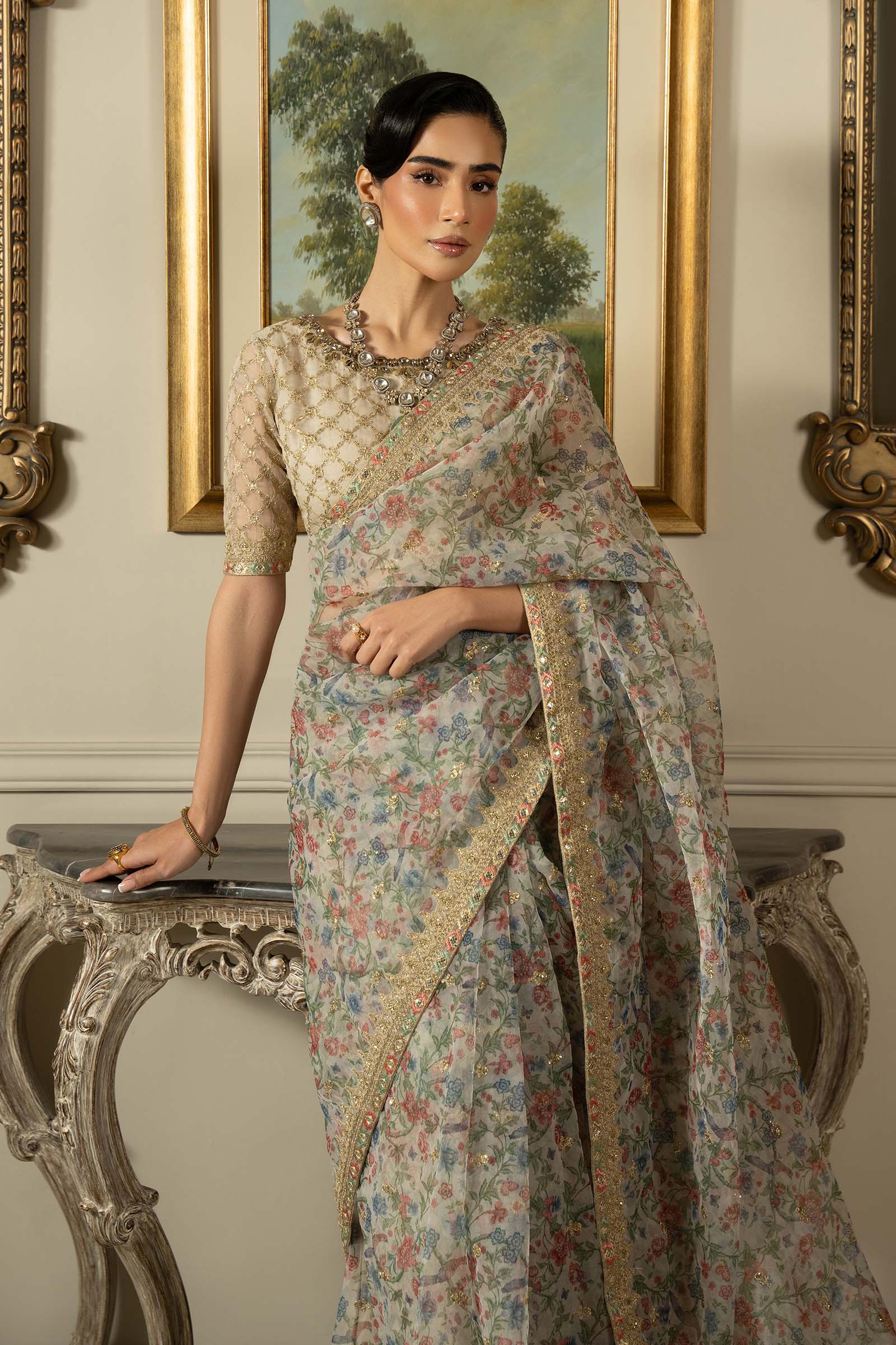 Green Embroidered Organza Saree (3-Piece) - Image 3