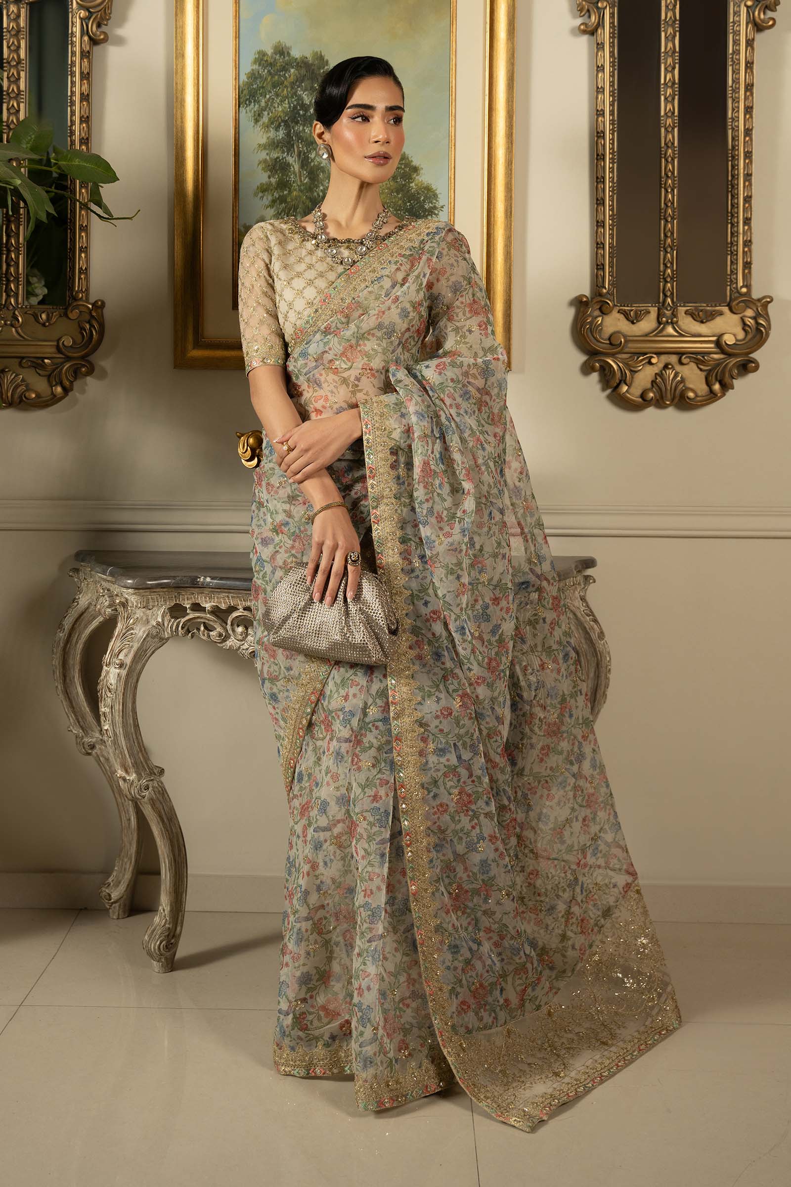 Green Embroidered Organza Saree (3-Piece) - Image 5