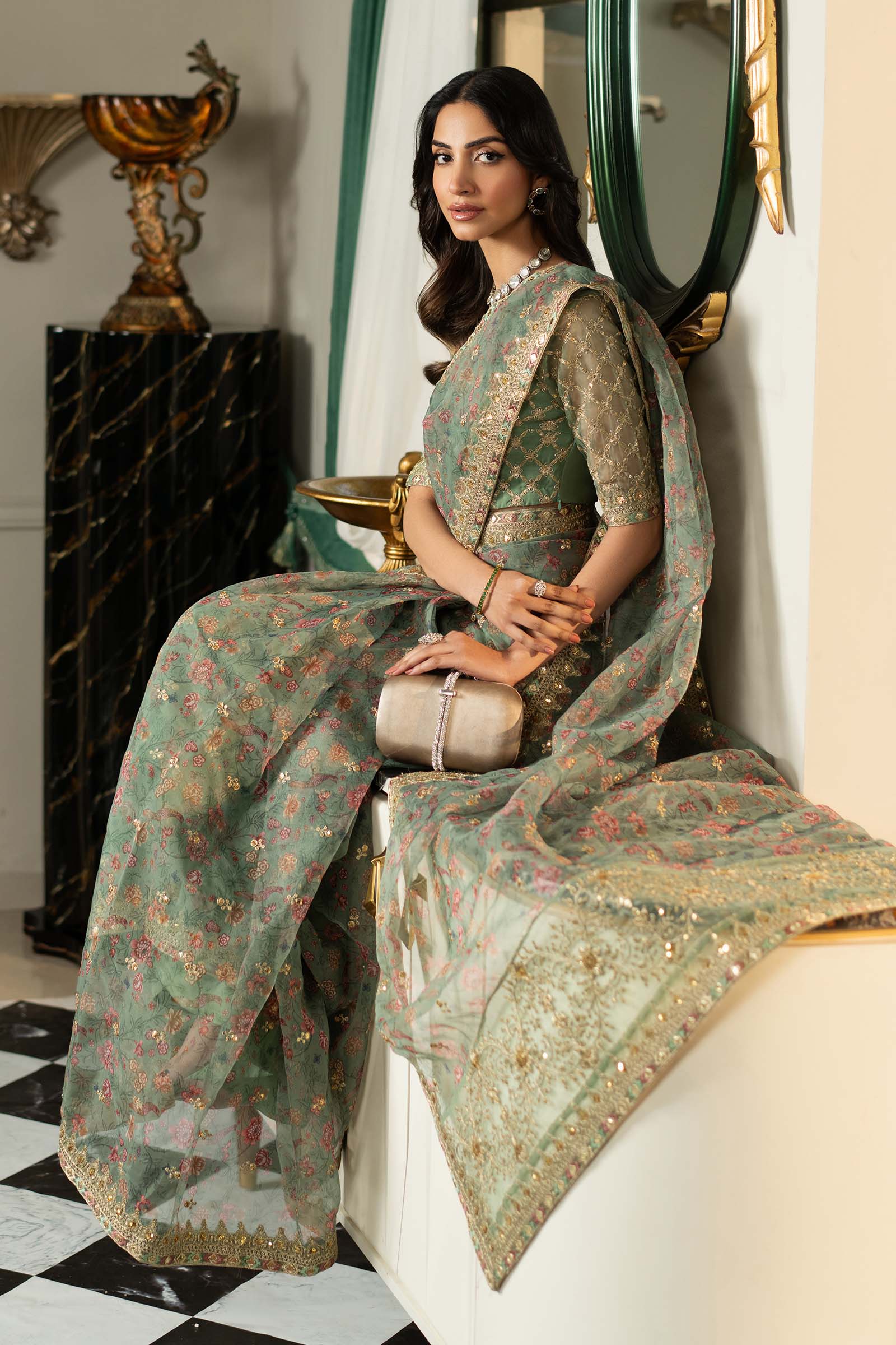 Green Embroidered Organza Saree (3-Piece) - Image 6