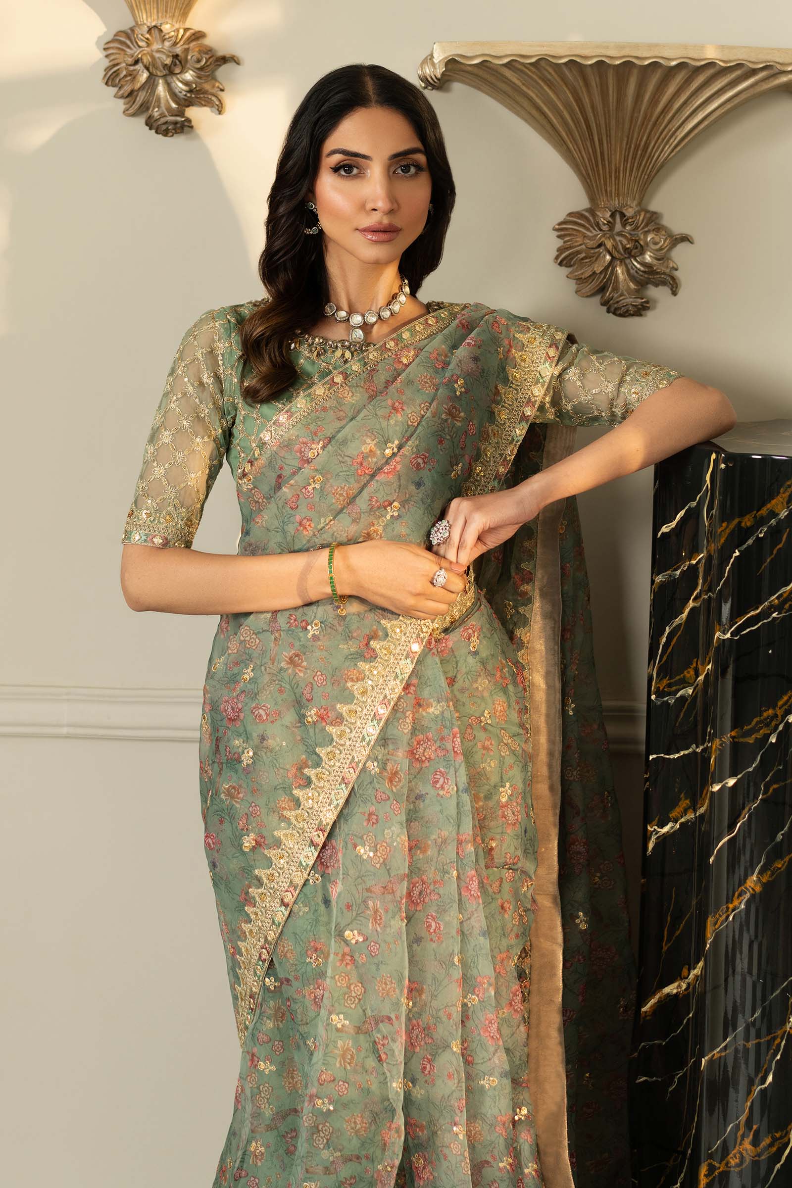 Green Embroidered Organza Saree (3-Piece) - Image 8