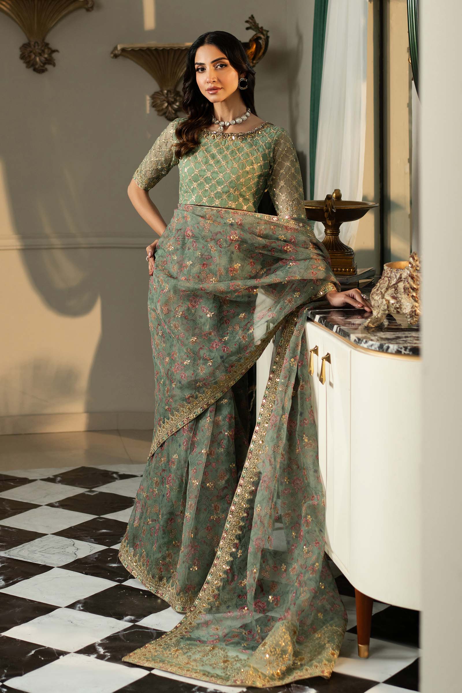 Green Embroidered Organza Saree (3-Piece) - Image 9