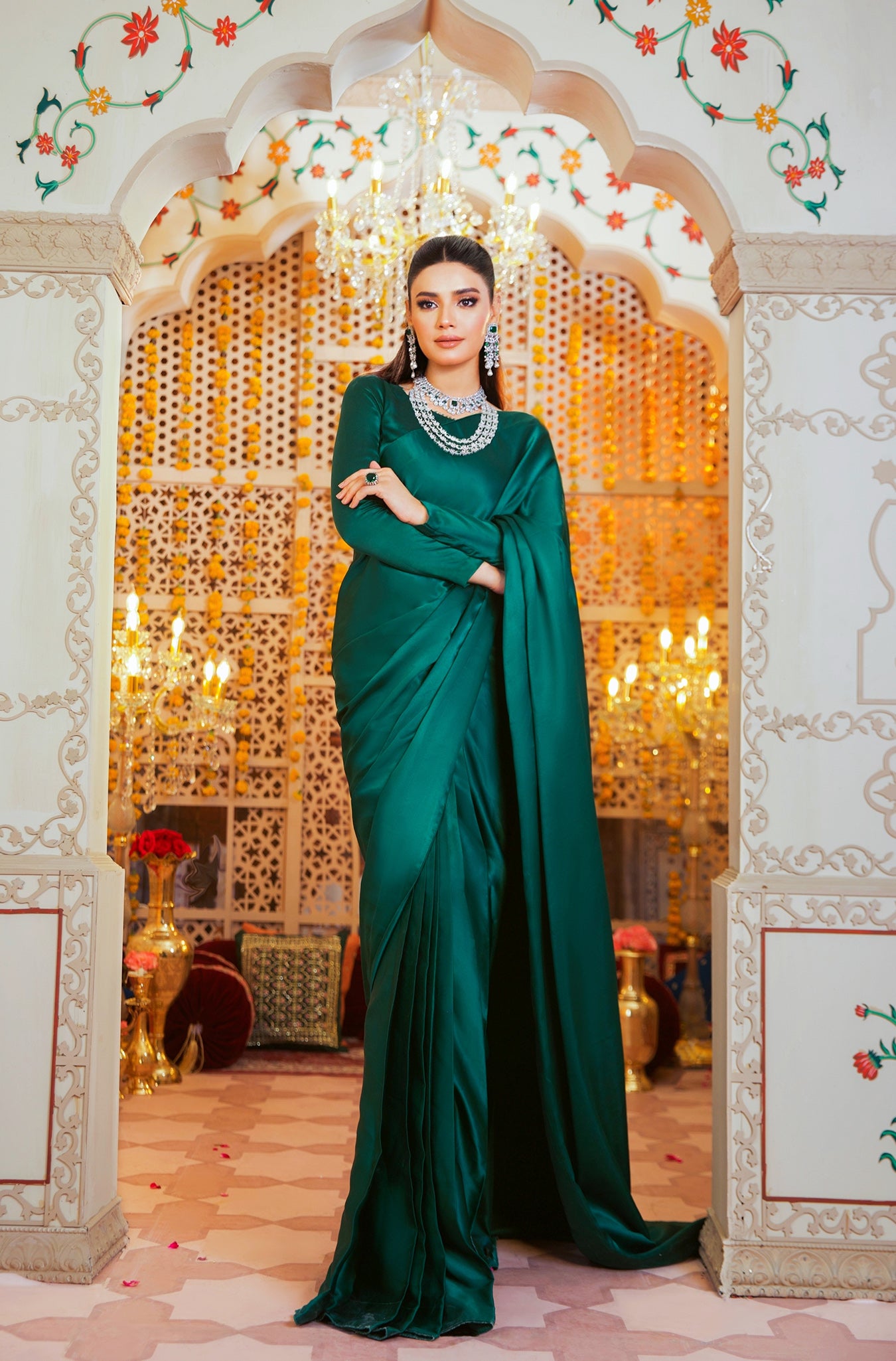 Emerald Green Crystal Embellished Silk Saree (2-Piece) - Image 1
