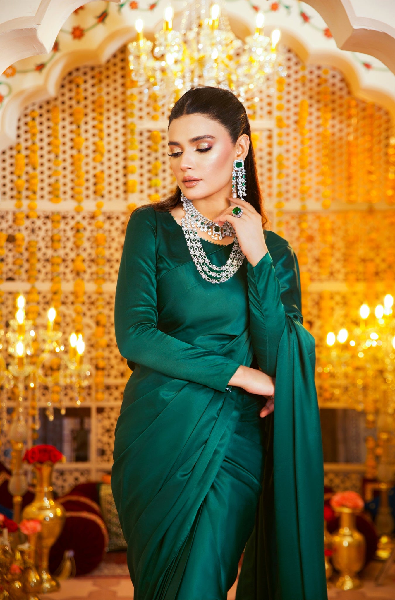 Emerald Green Crystal Embellished Silk Saree (2-Piece) - Image 2