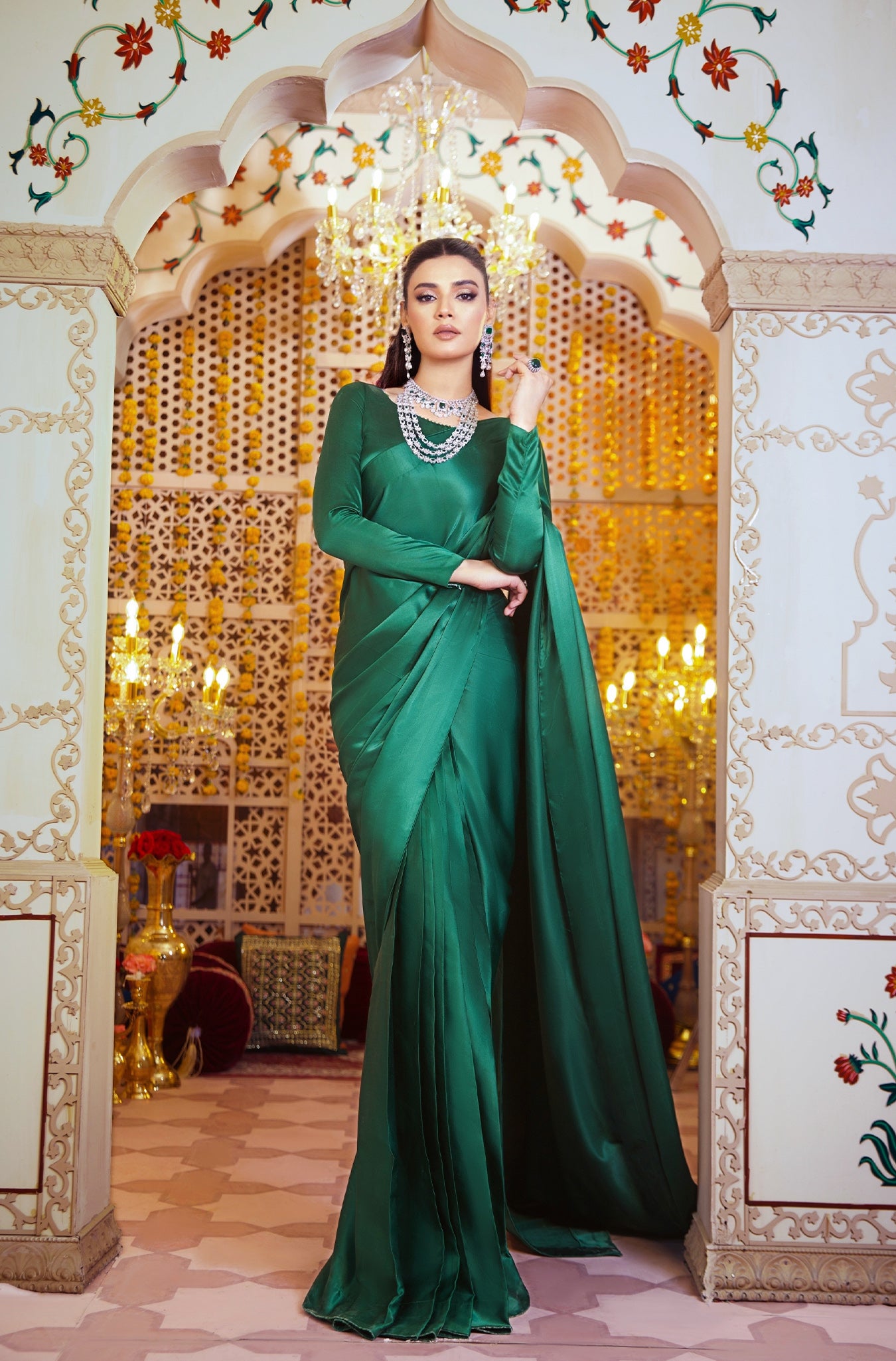 Emerald Green Crystal Embellished Silk Saree (2-Piece) - Image 3