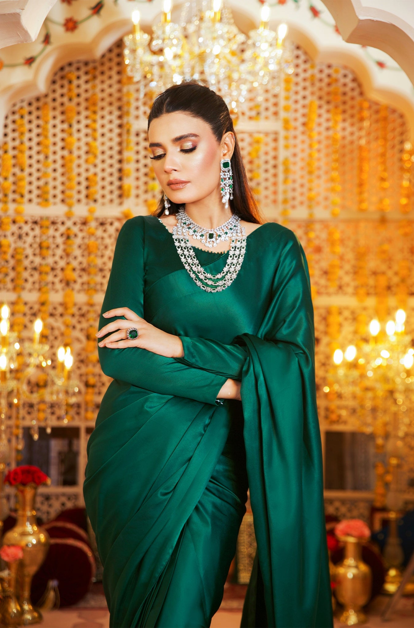 Emerald Green Crystal Embellished Silk Saree (2-Piece) - Image 4