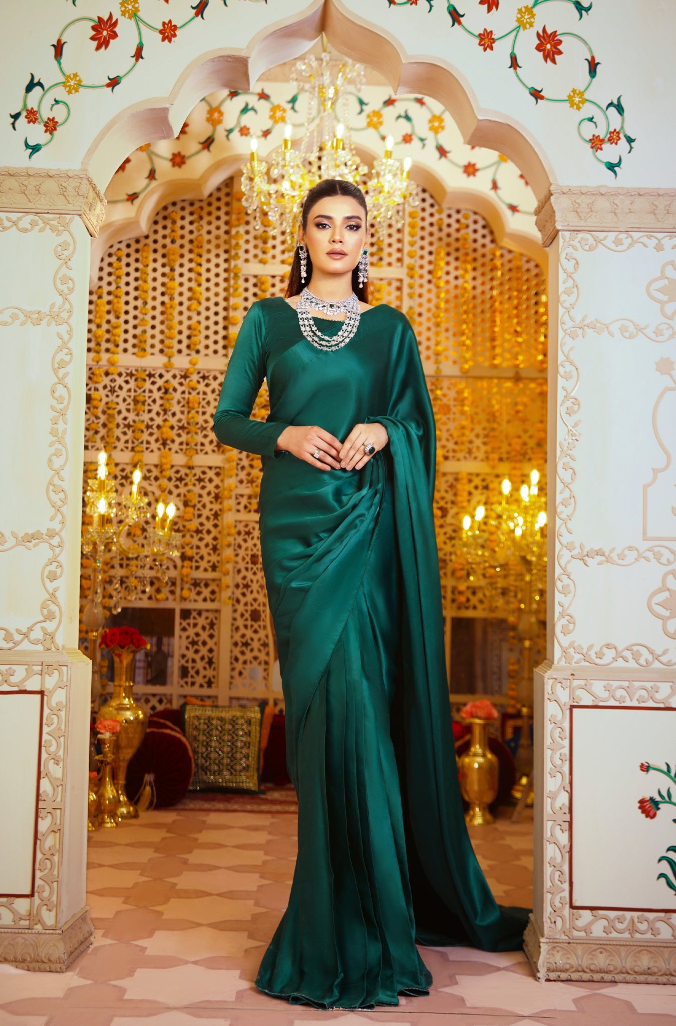 Emerald Green Crystal Embellished Silk Saree (2-Piece) - Image 5