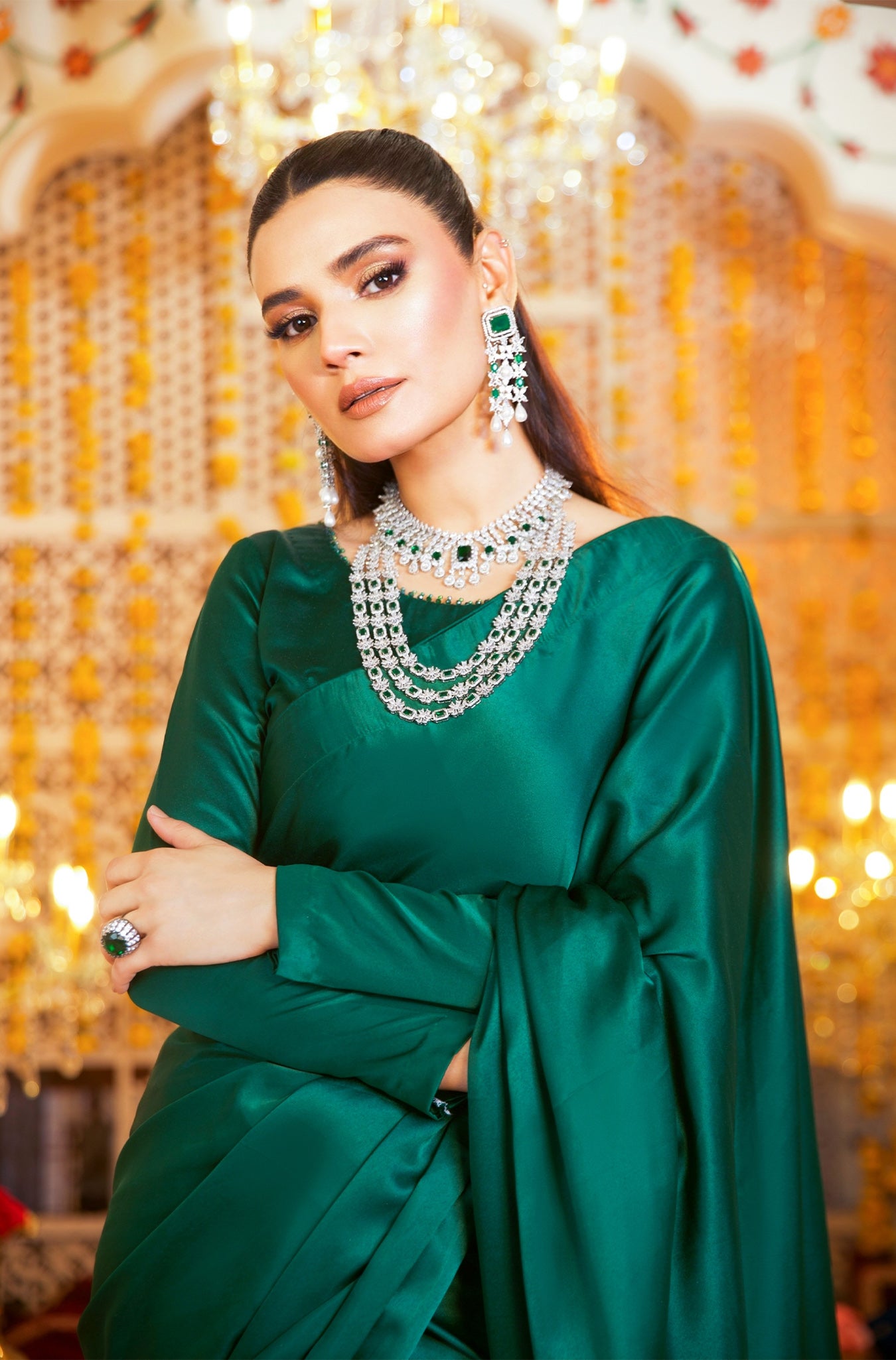 Emerald Green Crystal Embellished Silk Saree (2-Piece) - Image 6