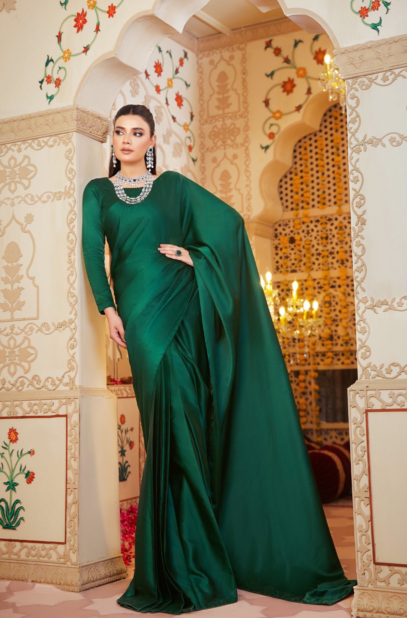 Emerald Green Crystal Embellished Silk Saree (2-Piece) - Image 7