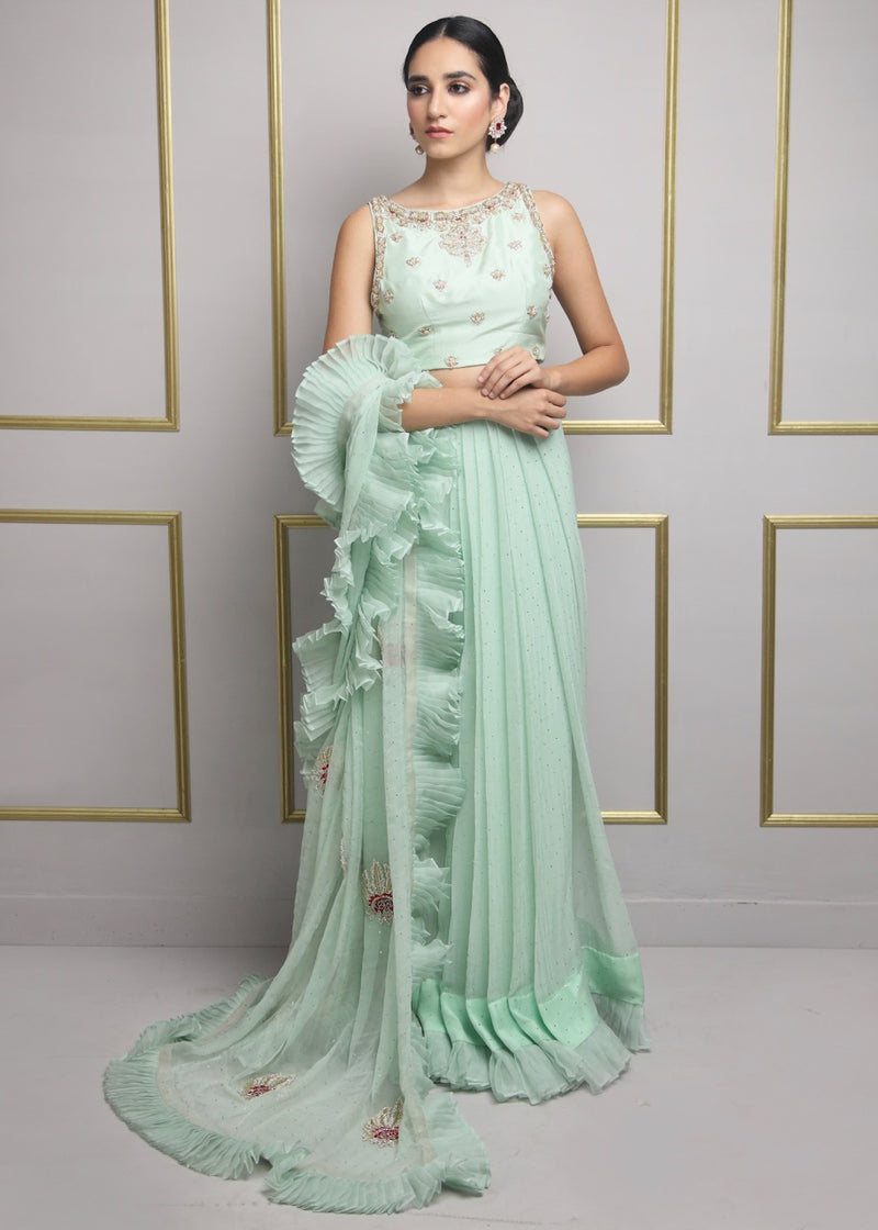 Pakistani Mint Green Metallic Thread Silk & Chiffon Saree (2-Piece) - Image 1