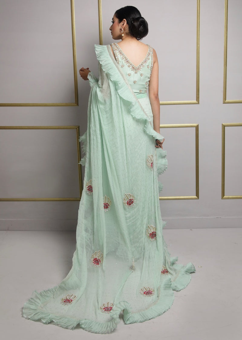 Pakistani Mint Green Metallic Thread Silk & Chiffon Saree (2-Piece) - Image 2