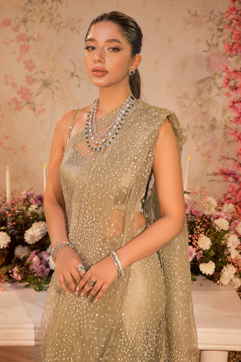 Pakistani Mint Green Zardozi Raw Silk Pant Saree (3-Piece) - Image 2