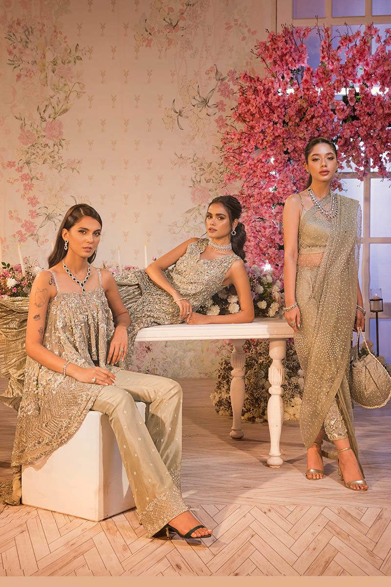 Pakistani Mint Green Zardozi Raw Silk Pant Saree (3-Piece) - Image 4