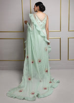 Pakistani Mint Green Metallic Threadwork Saree (2-Piece) - Image 3