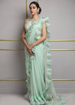 Pakistani Mint Green Metallic Threadwork Saree (2-Piece) - Image 4