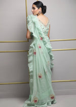 Pakistani Mint Green Metallic Threadwork Saree (2-Piece) - Image 5
