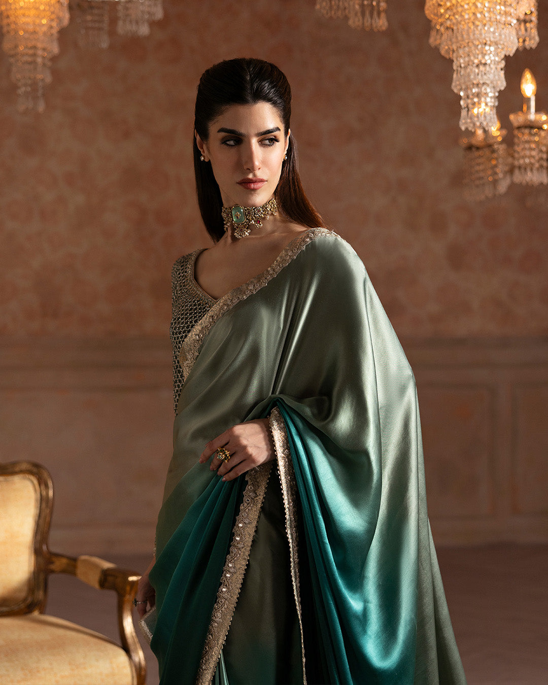 Pakistani Ombre Green Embroidered Silk Saree with Velvet Blouse (2-Piece) - Image 6