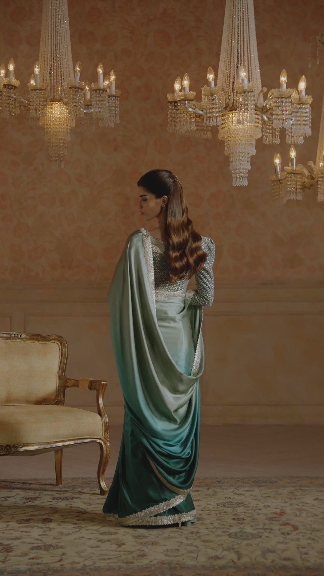 Pakistani Ombre Green Embroidered Silk Saree with Velvet Blouse (2-Piece) - Image 7