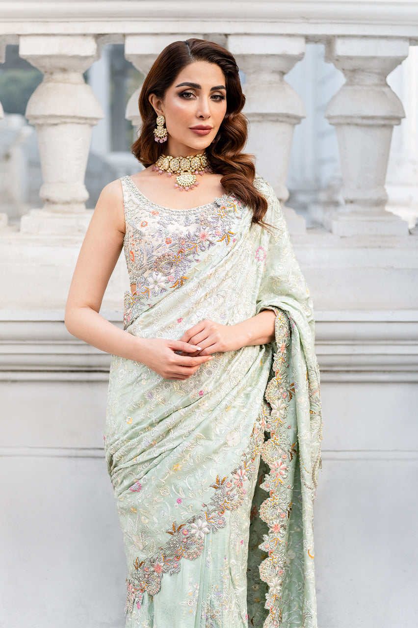 Mint Hand Embroidered Silk Jamawar Saree (2-Piece) - Image 2