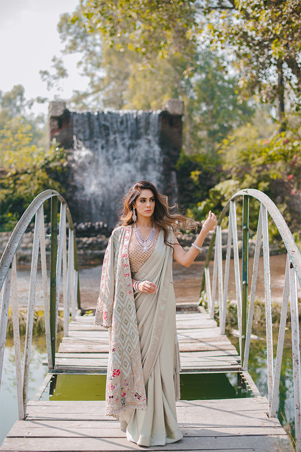 Pistachio Green Embellished Silk Saree (3-Piece) - Image 2