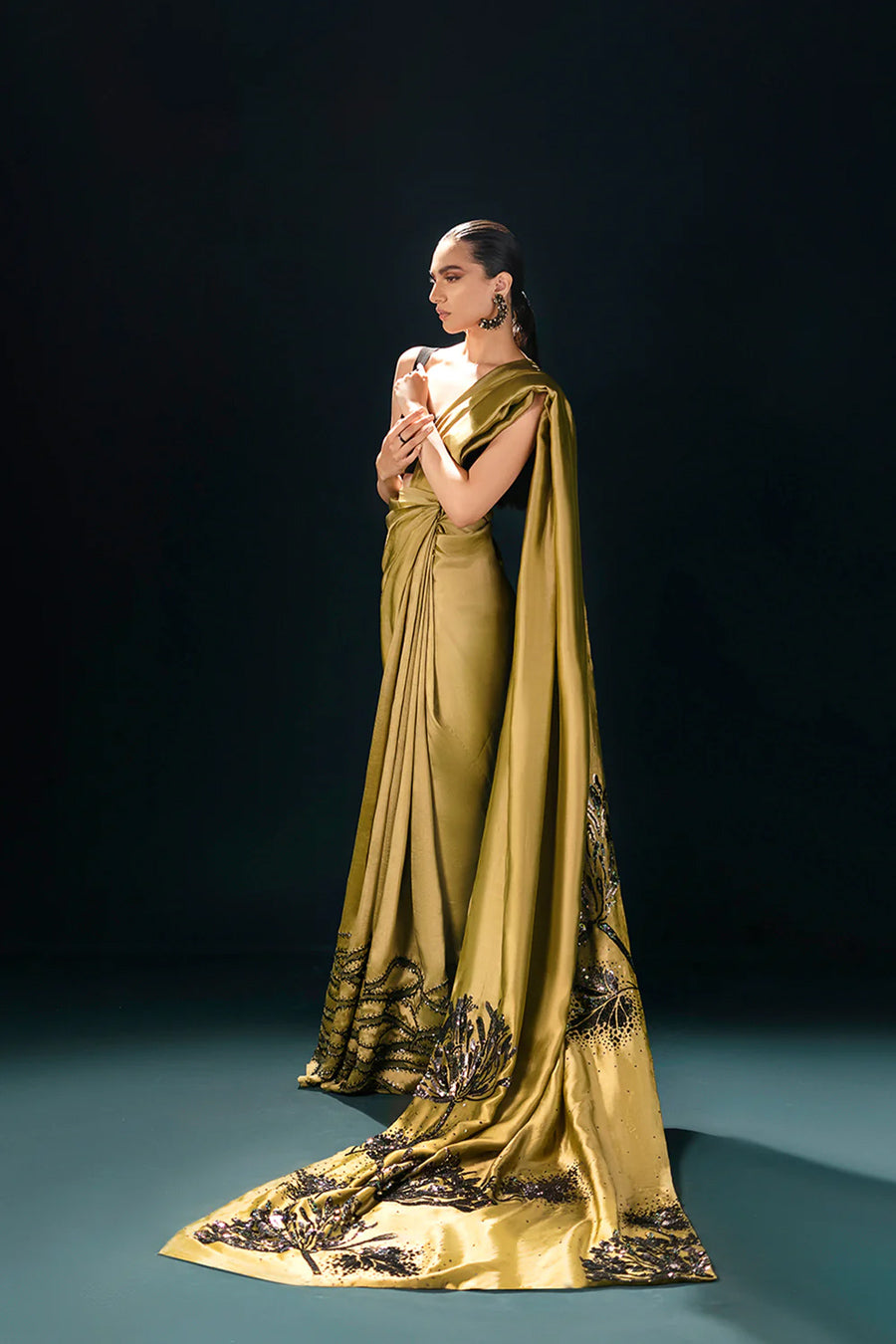 Olive Sequin Silk Saree (2-Piece) - Image 2