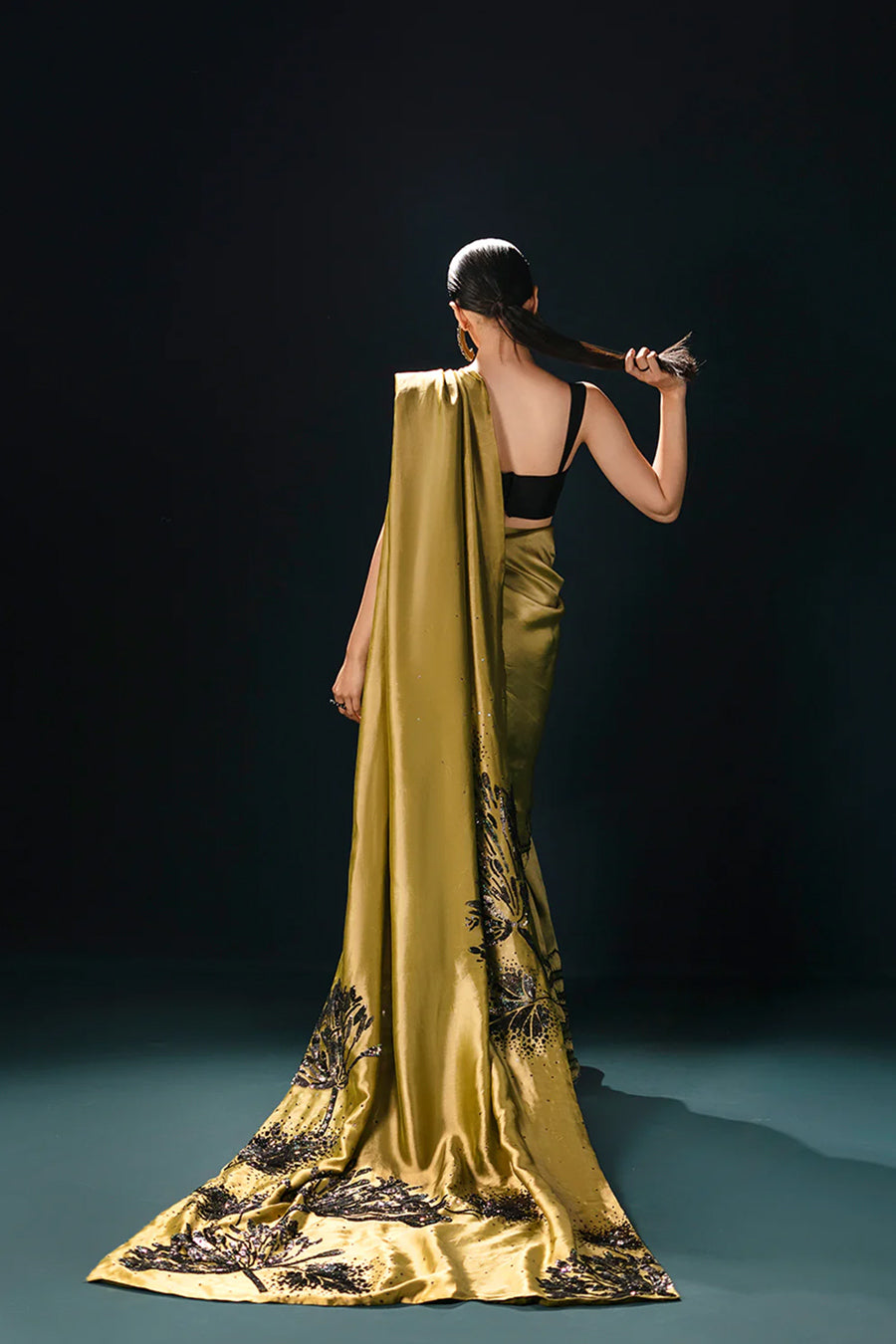 Olive Sequin Silk Saree (2-Piece) - Image 3