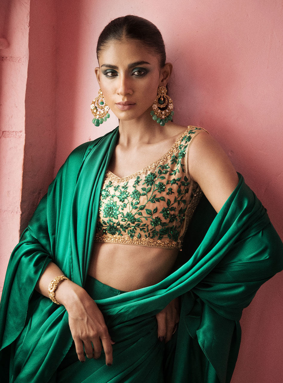 Emerald Embroidered Silk Saree (2-Piece) - Image 1