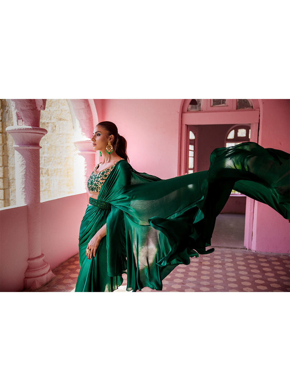 Emerald Embroidered Silk Saree (2-Piece) - Image 10