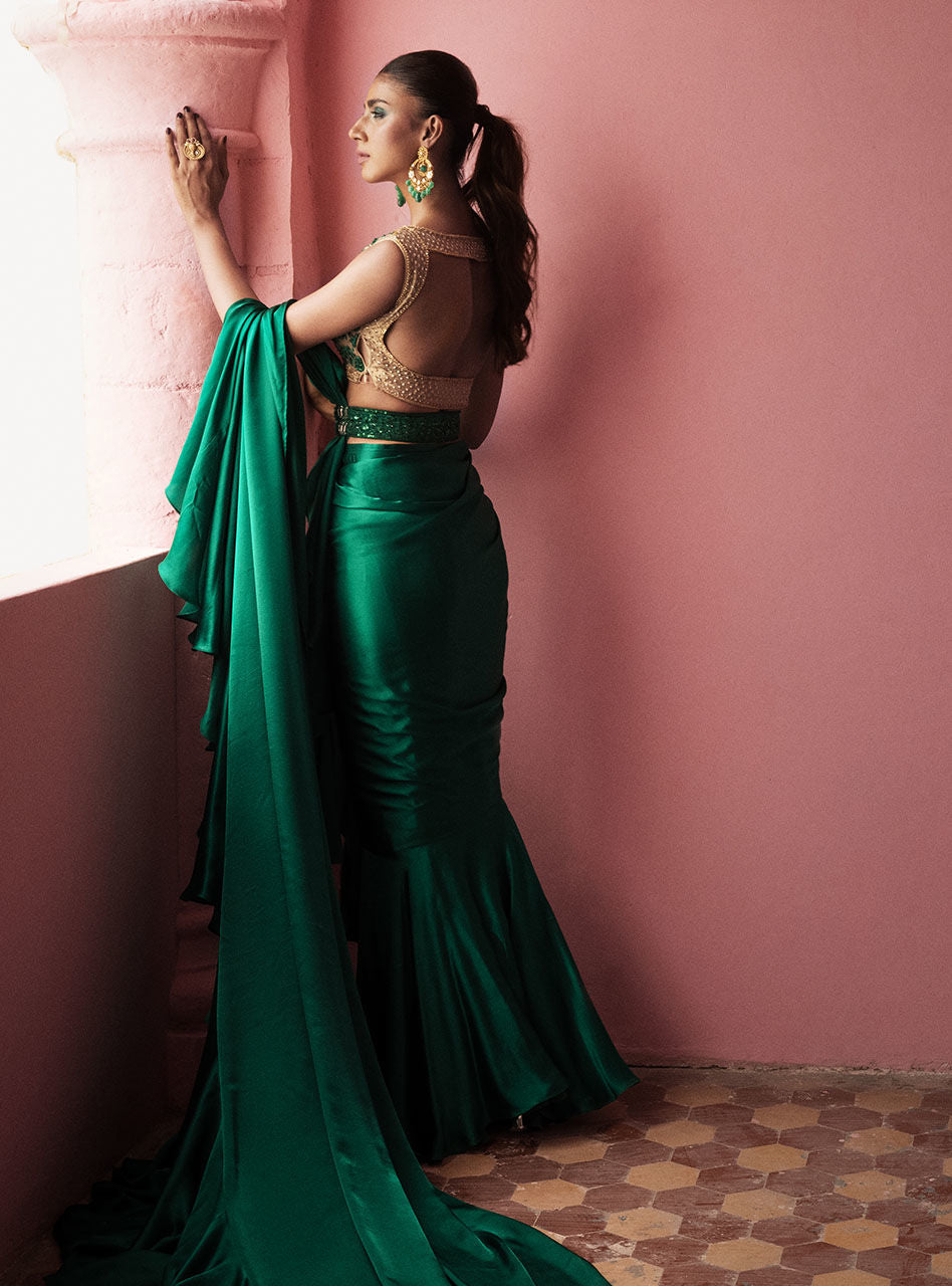 Emerald Embroidered Silk Saree (2-Piece) - Image 6