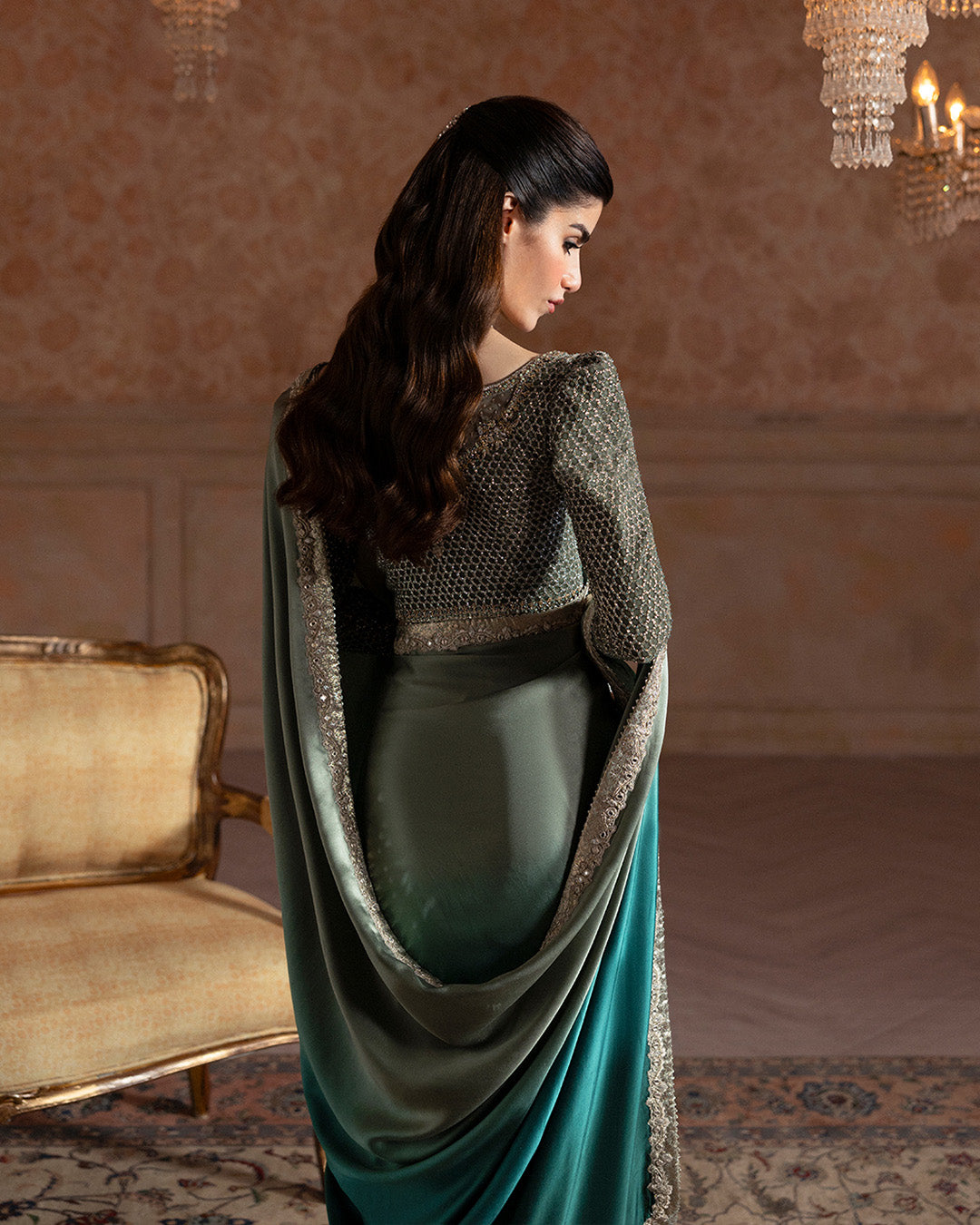 Pakistani Green Embellished Velvet Blouse & Silk Saree (2-Piece) - Image 3