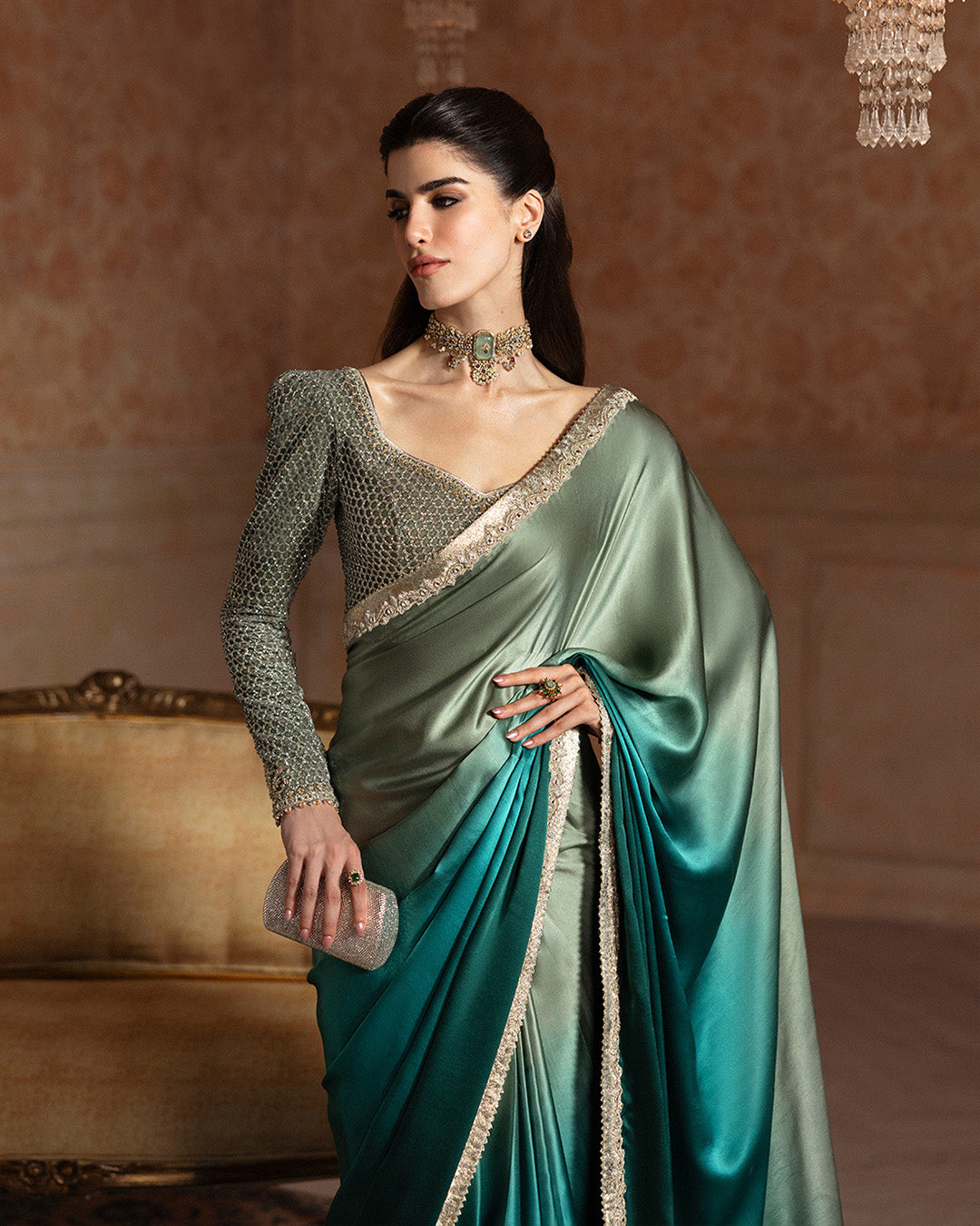 Pakistani Green Embellished Velvet Blouse & Silk Saree (2-Piece) - Image 4