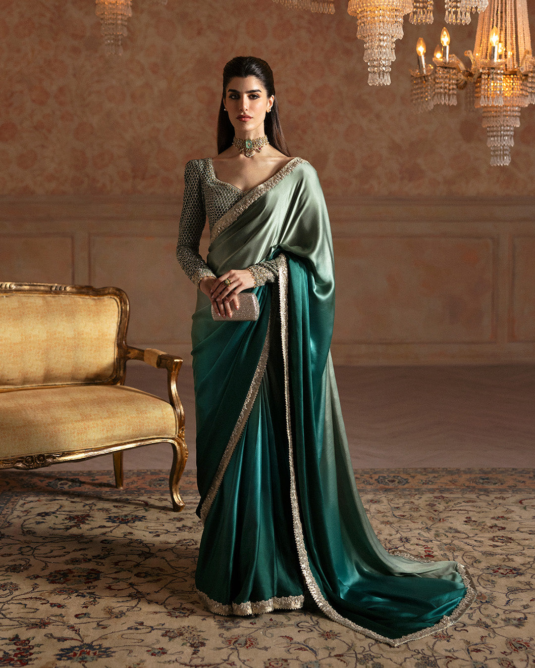 Pakistani Ombre Green Embellished Velvet Blouse & Silk Saree (2-Piece) - Image 1