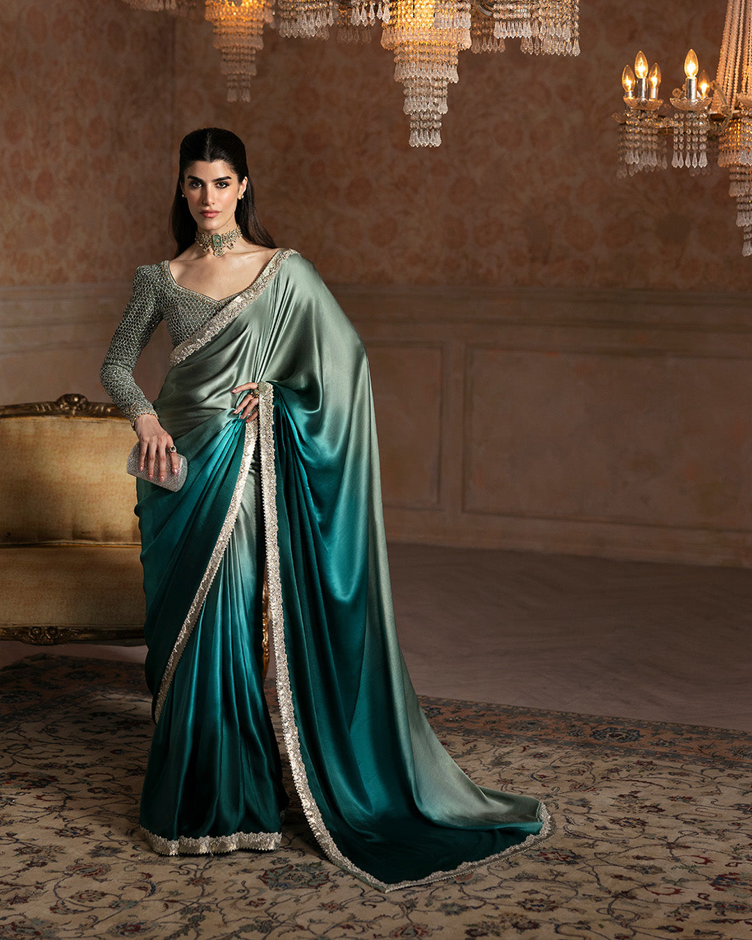 Pakistani Ombre Green Embellished Velvet Blouse & Silk Saree (2-Piece) - Image 5