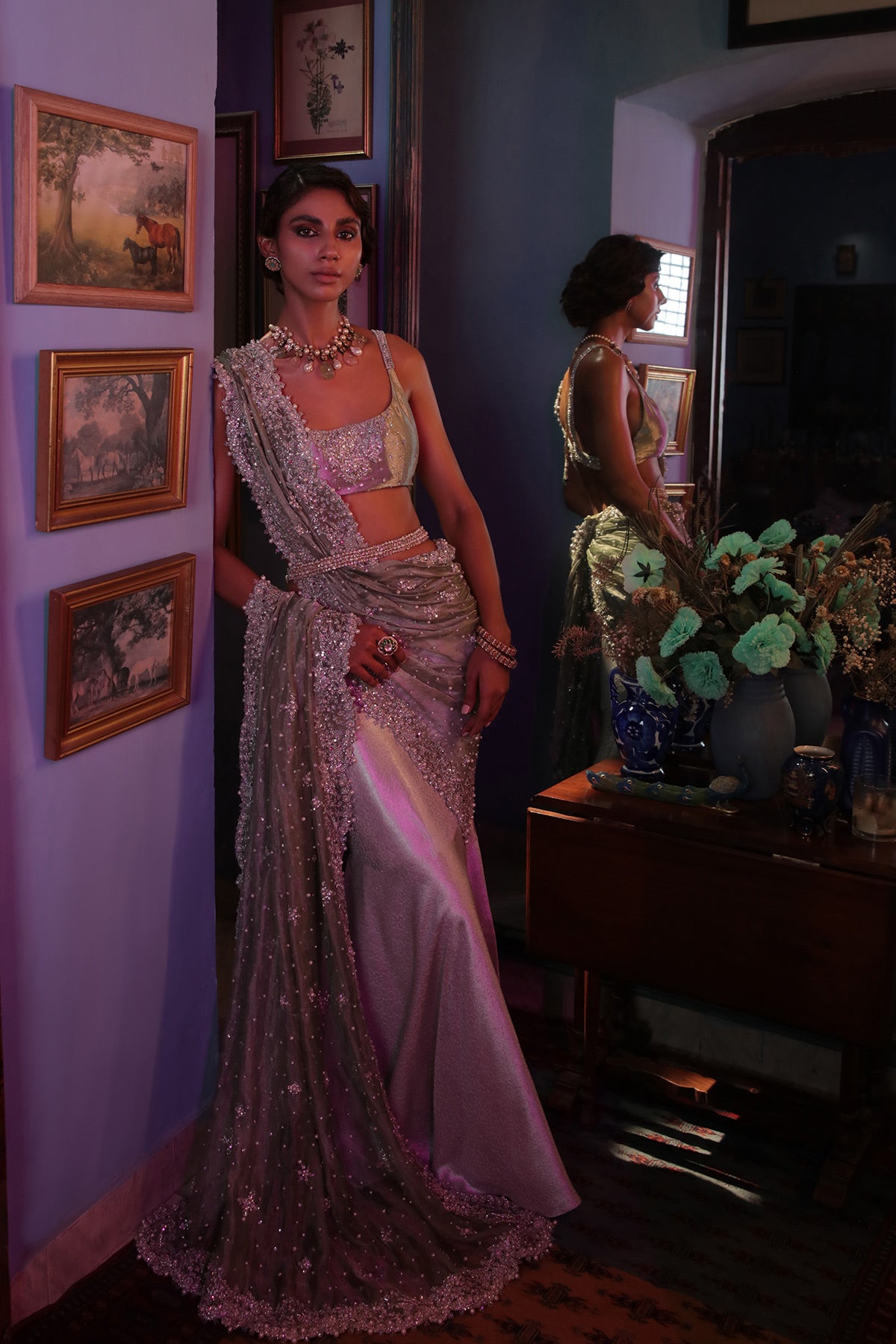 Pistachio Green Embellished Tissue Sari (3-Piece) - Image 1