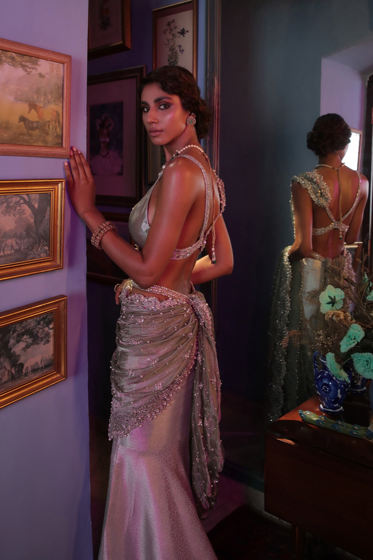 Pistachio Green Embellished Tissue Sari (3-Piece) - Image 2