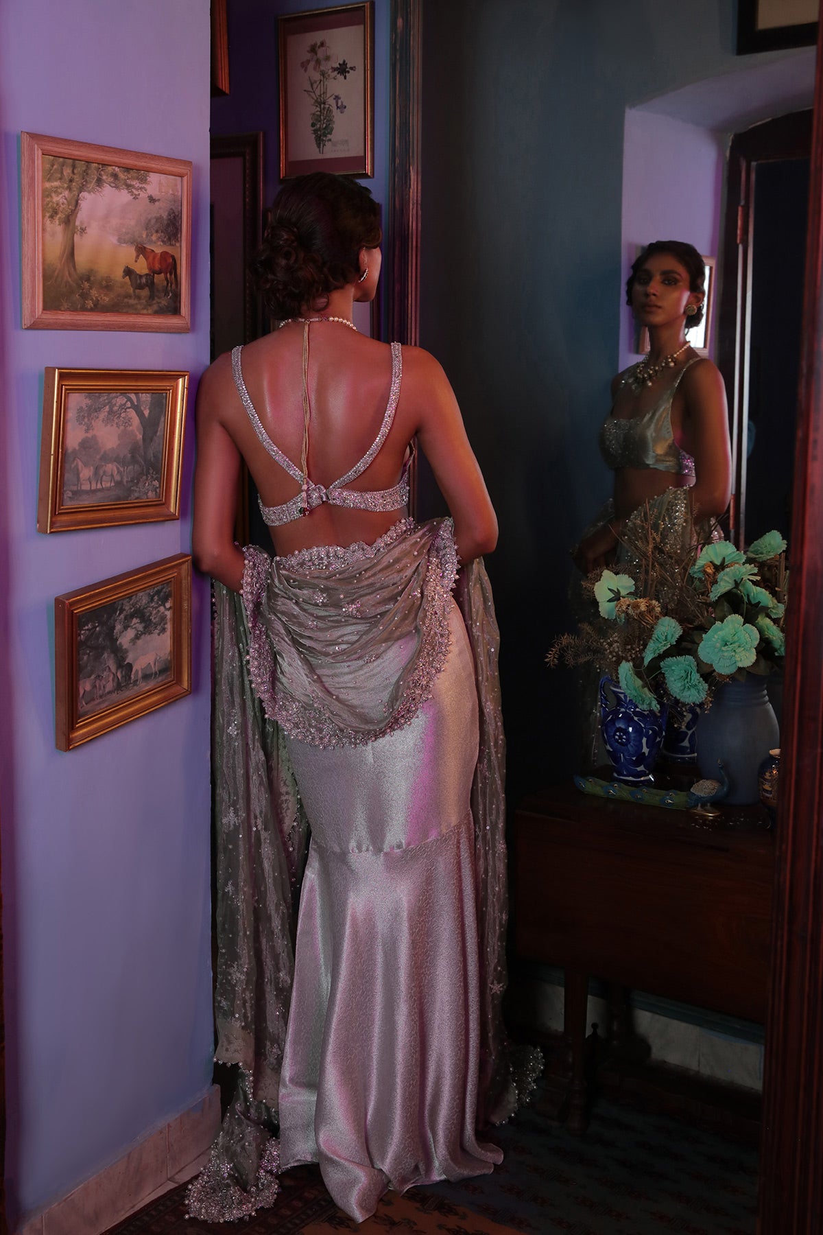 Pistachio Green Embellished Tissue Sari (3-Piece) - Image 3