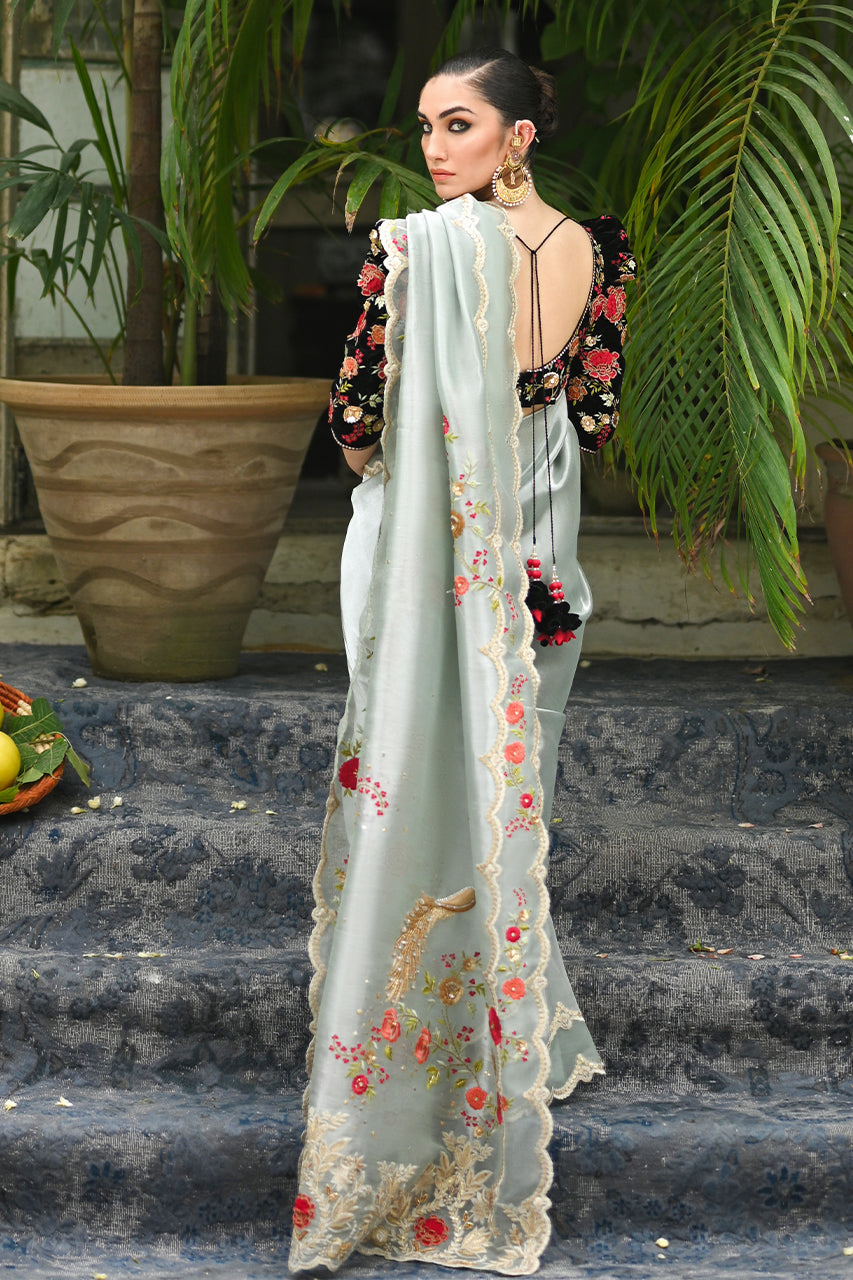 Pakistani Mint Resham Embroidered Tissue Saree (2-Piece) - Image 3