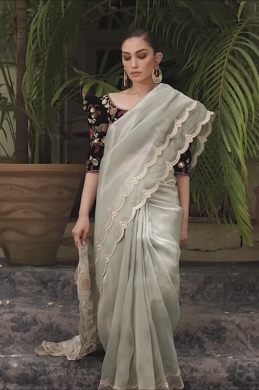 Pakistani Mint Resham Embroidered Tissue Saree (2-Piece) - Image 4