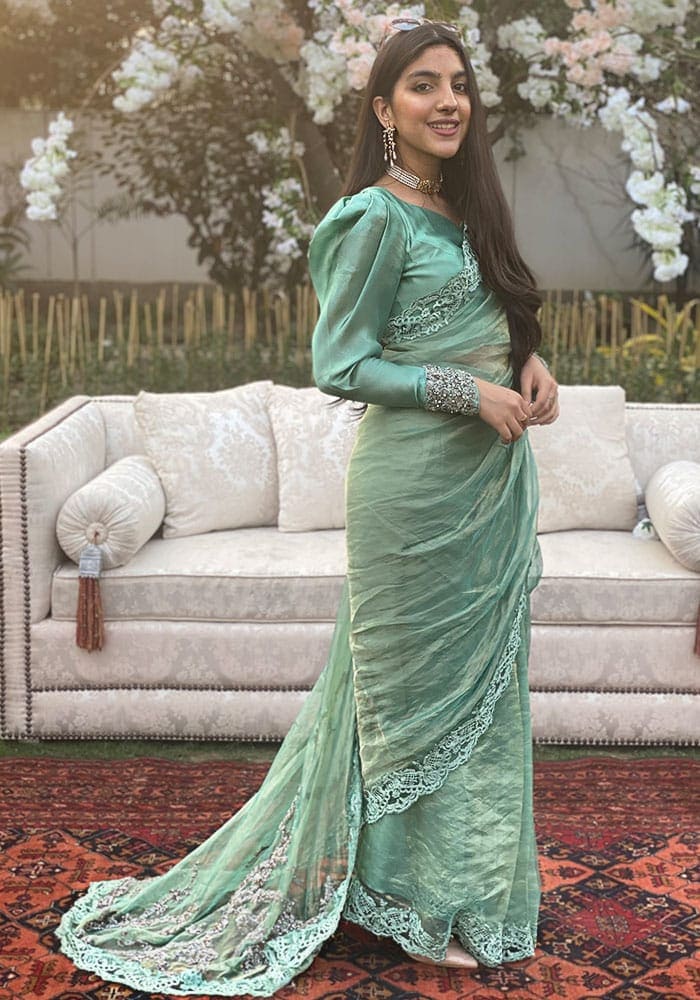 Pakistani Mint Adda Dabka Tissue Silk Saree (2-Piece) - Image 1