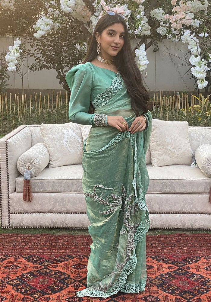 Pakistani Mint Adda Dabka Tissue Silk Saree (2-Piece) - Image 2