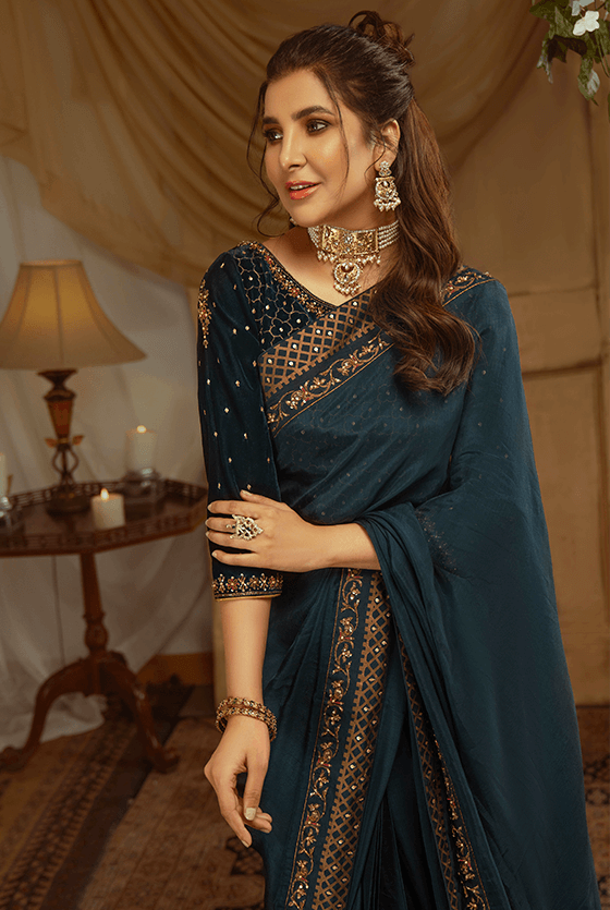 Teal Embellished Tissue Silk Saree (2-Piece) - Image 3