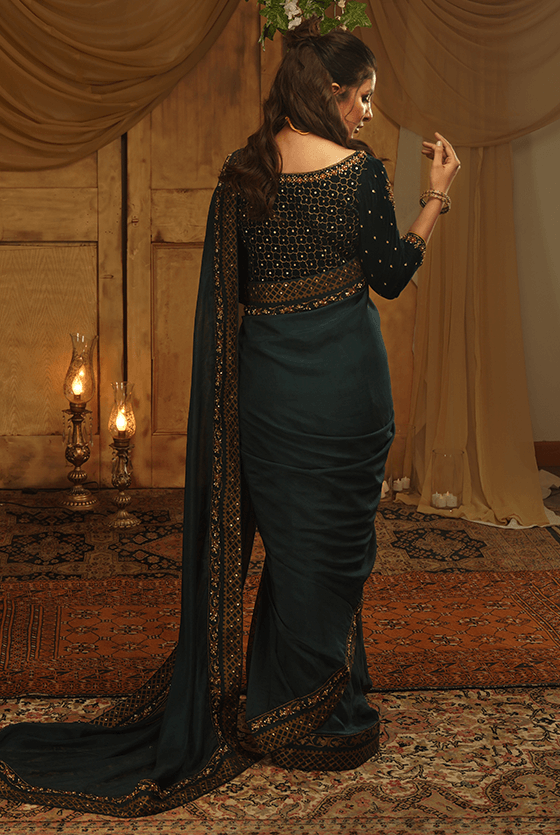 Teal Embellished Tissue Silk Saree (2-Piece) - Image 5