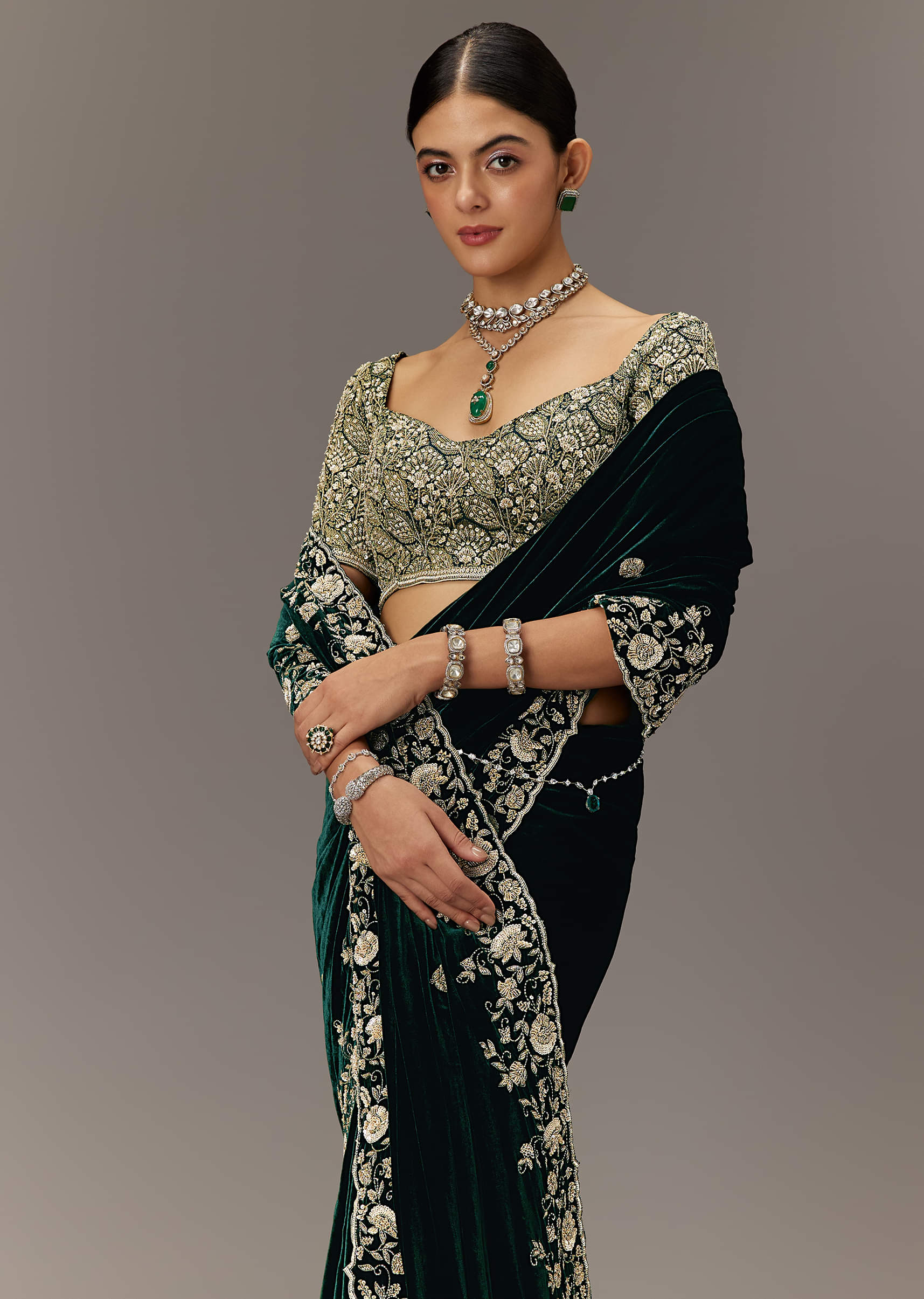 Indian Deep Green Embroidered Velvet Saree (2-Piece) - Image 1