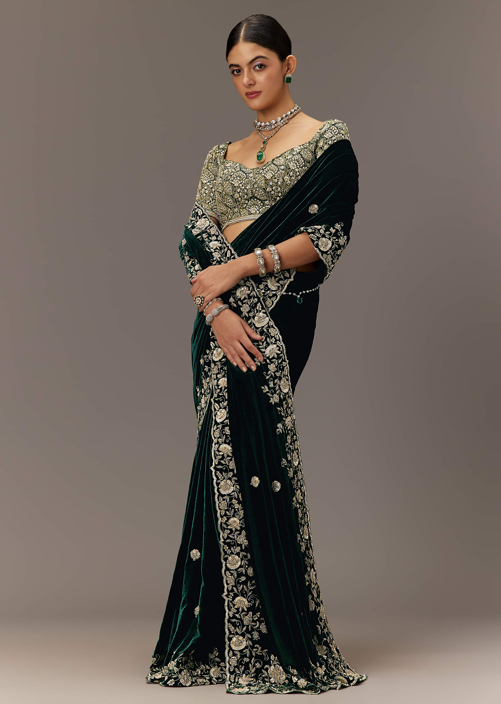 Indian Deep Green Embroidered Velvet Saree (2-Piece) - Image 4
