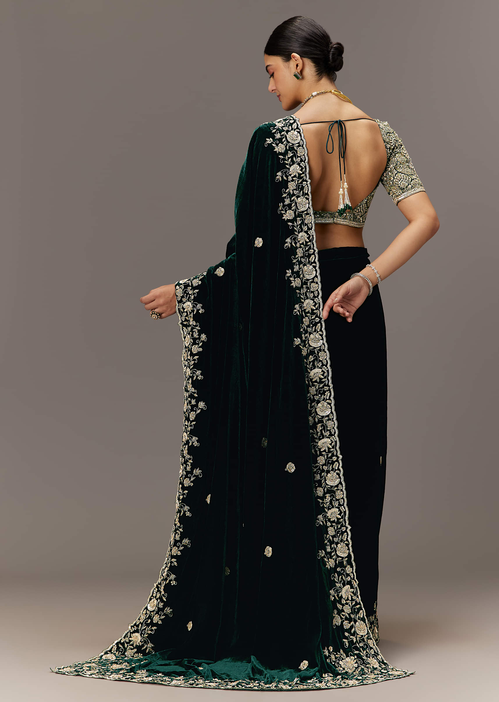 Indian Deep Green Embroidered Velvet Saree (2-Piece) - Image 5