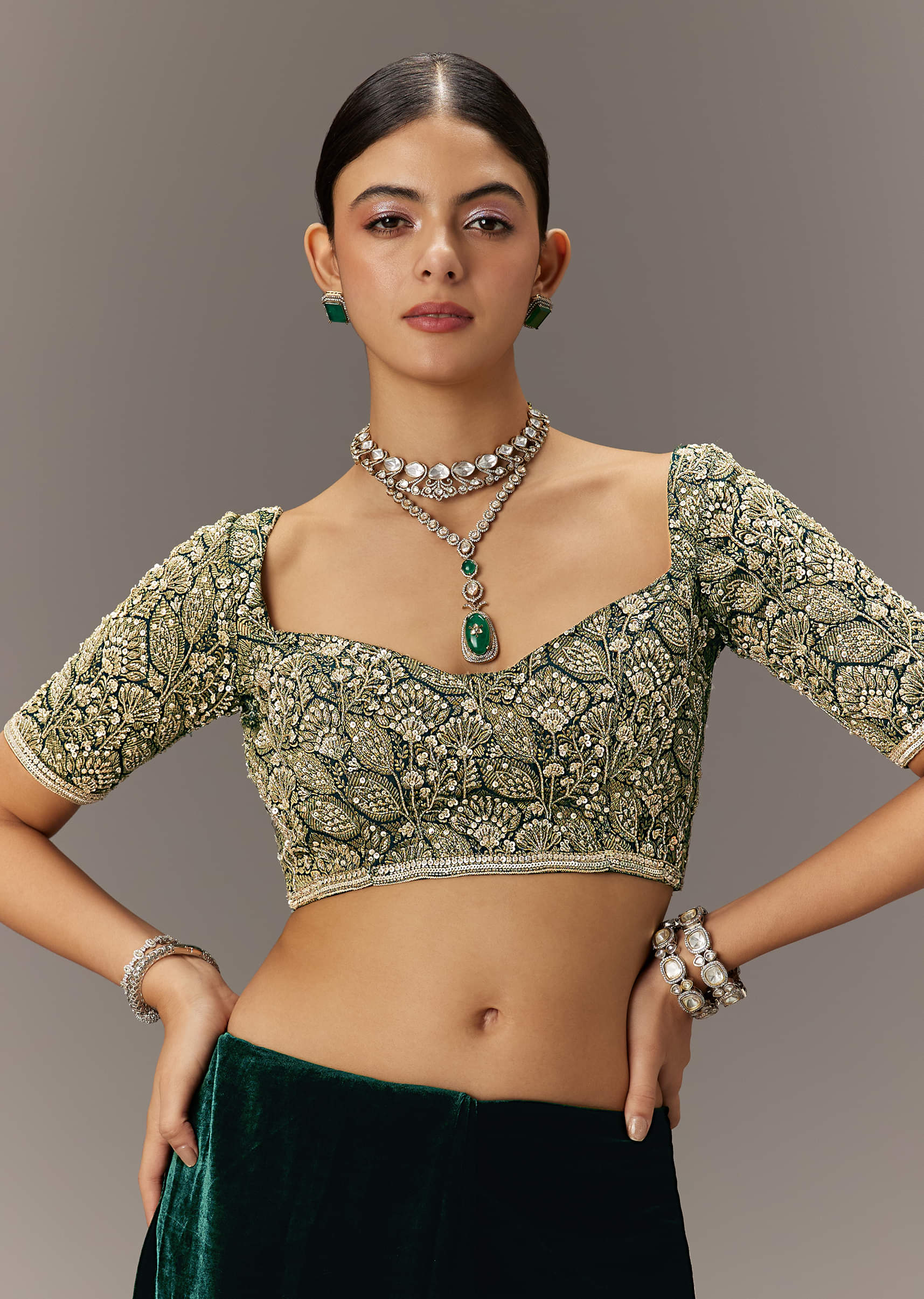 Indian Deep Green Embroidered Velvet Saree (2-Piece) - Image 6